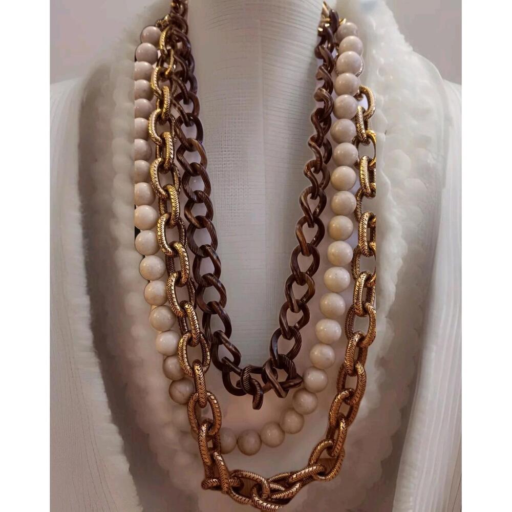 Lorren Bell Tortoise Shell, Textured Goldtone W/ White Beads